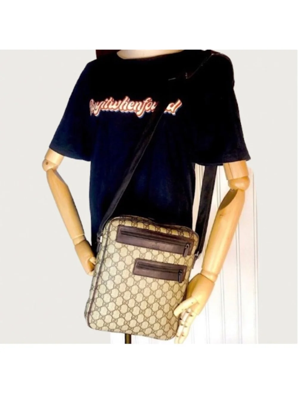 GUCCI GG Monogram Coated Canvas Brown Leather Crossbody Messenger Bag VINTAGE